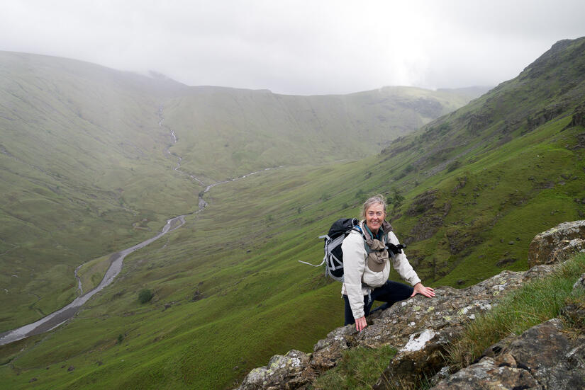 Scrambling up a wet Cam Crag Ridge