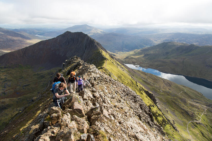 Scrambling on Crib y Ddysgl with Crib Goch in the background