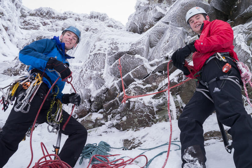 At the base of the ice pitch of Waterfall Gully