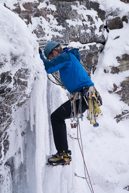 Me climbing the ice pitch on Waterfall Gully