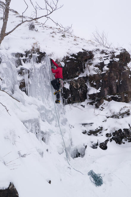 Zack climbing the first pitch of Craig y Fro