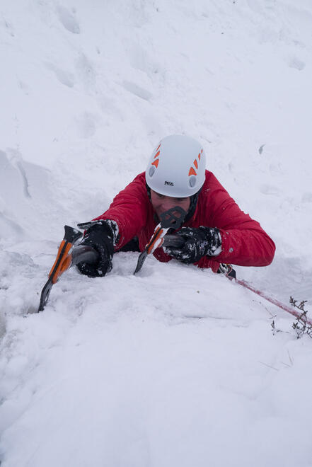 Zack climbing the top of Craig y Fro