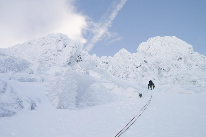 Alex leading the final pitch up the corner