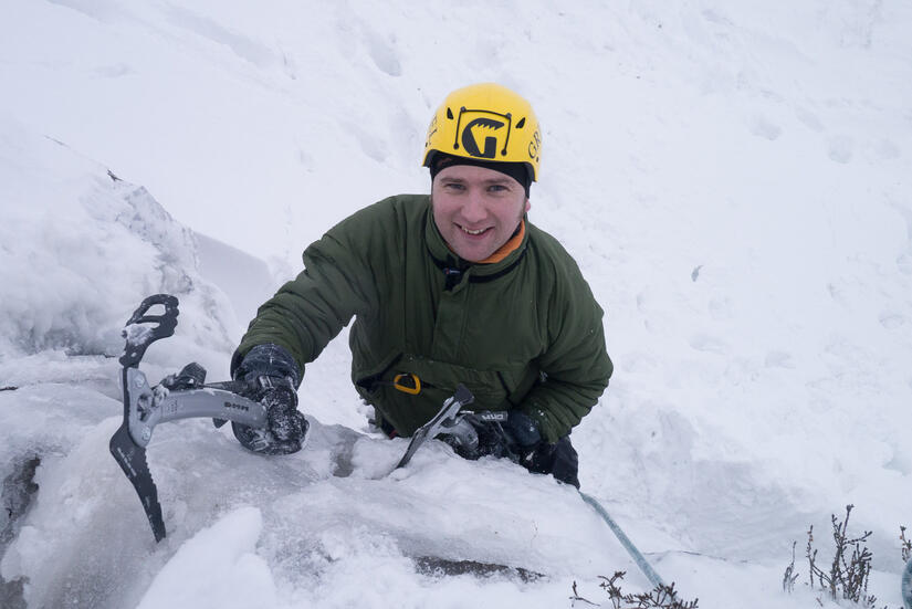 Rhys climbing the top of Craig y Fro