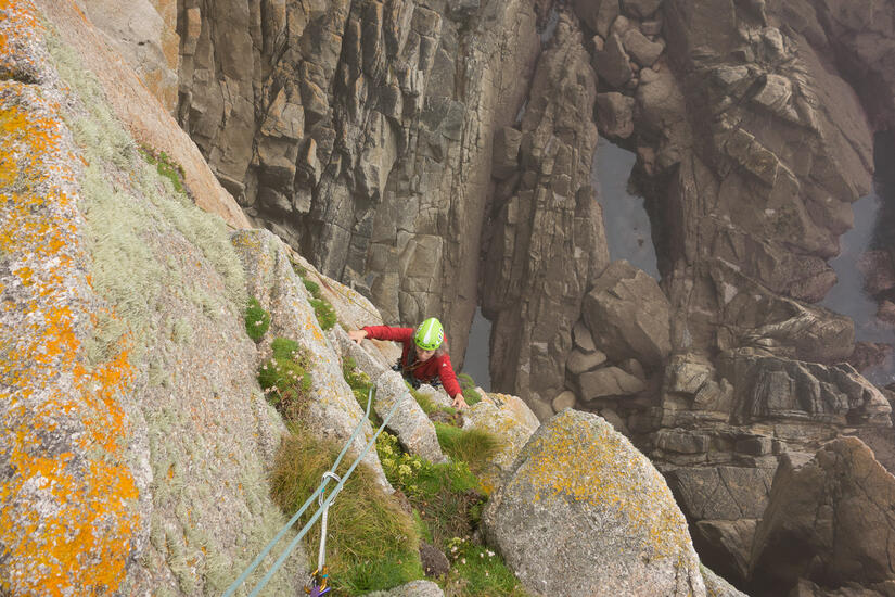 Sarah climbing P2 of Horseman's Route