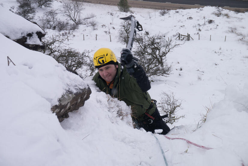 Rhys getting to the top of the tricky section on Craig y Fro