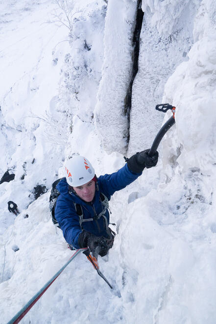 Hunting for ice for the top move on Torpantau Falls