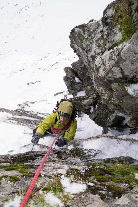 Mixed climbing up the crux on Stob Ban's NE Ridge