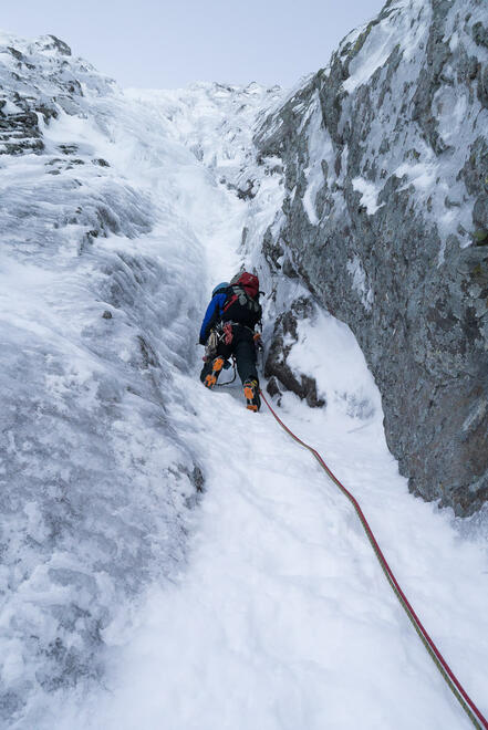 Me climbing the first pitch of Orion Face Direct