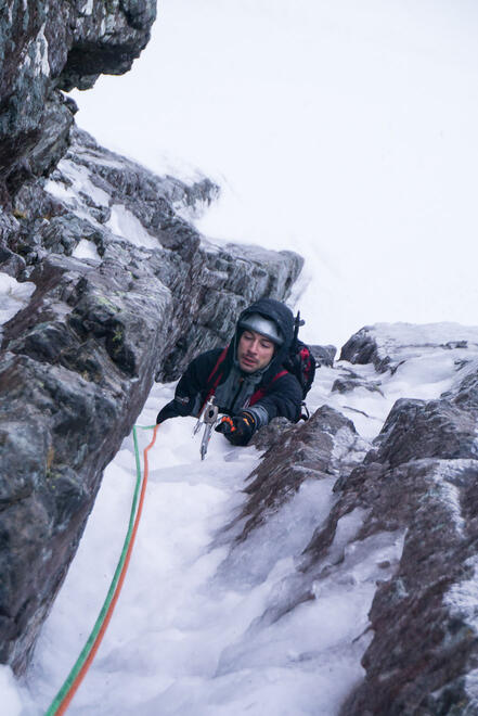 David climbing the first pitch of Minus Two Gully