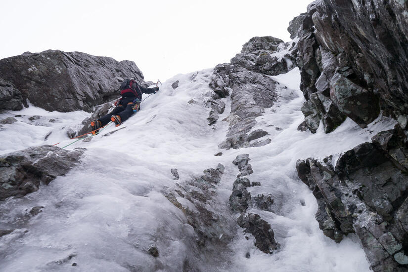 On the steep start to the second pitch of Minus Two Gully