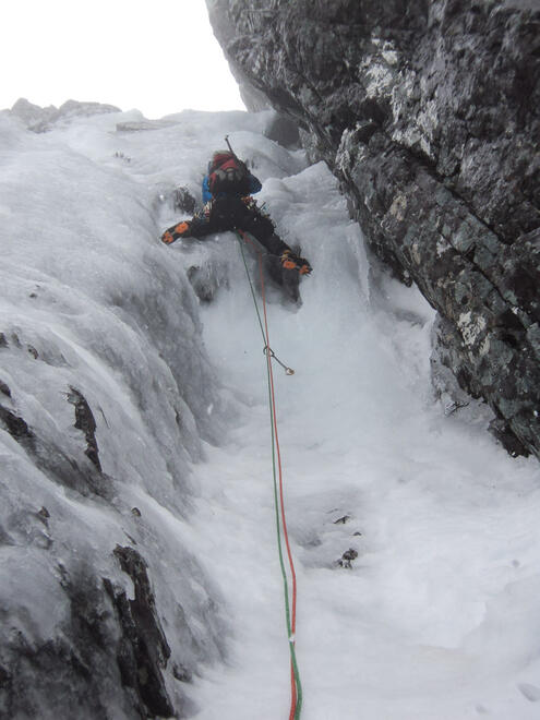 Me climbing the steep third pitch of Minus Two Gully