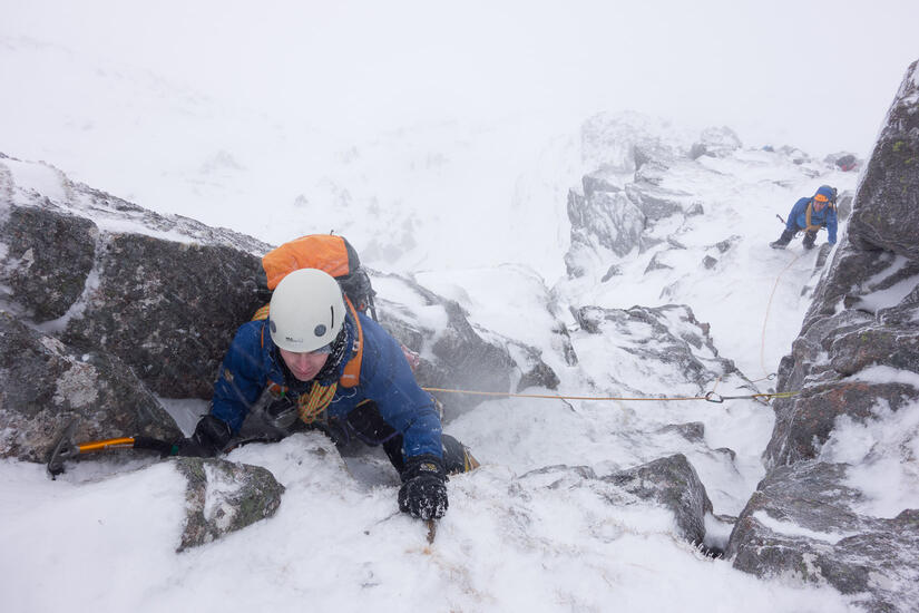 Richard climbing the crux on Golden Oldie